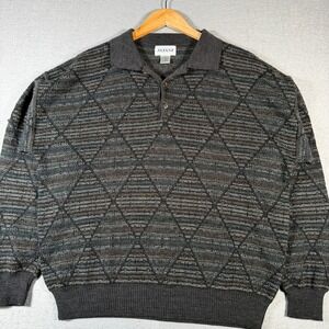 Vintage Alfani Mens Gray Diamond Pattern‎ Knit Polo Shirt Long Sleeve L Italy